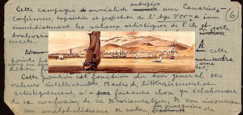 Vista de Santa Cruz de Tenerife en el siglo XVIII sobre un manuscrito de André Breton relativo al viaje que realizó a la isla tinerfeña en mayo de 1935